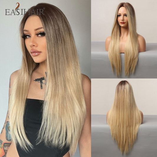 EASIHAIR Long Straight Synthetic Wigs for Women Ombre Brown Golden Blonde Middle Part Heat Resistant Cosplay Wig Natural Hair