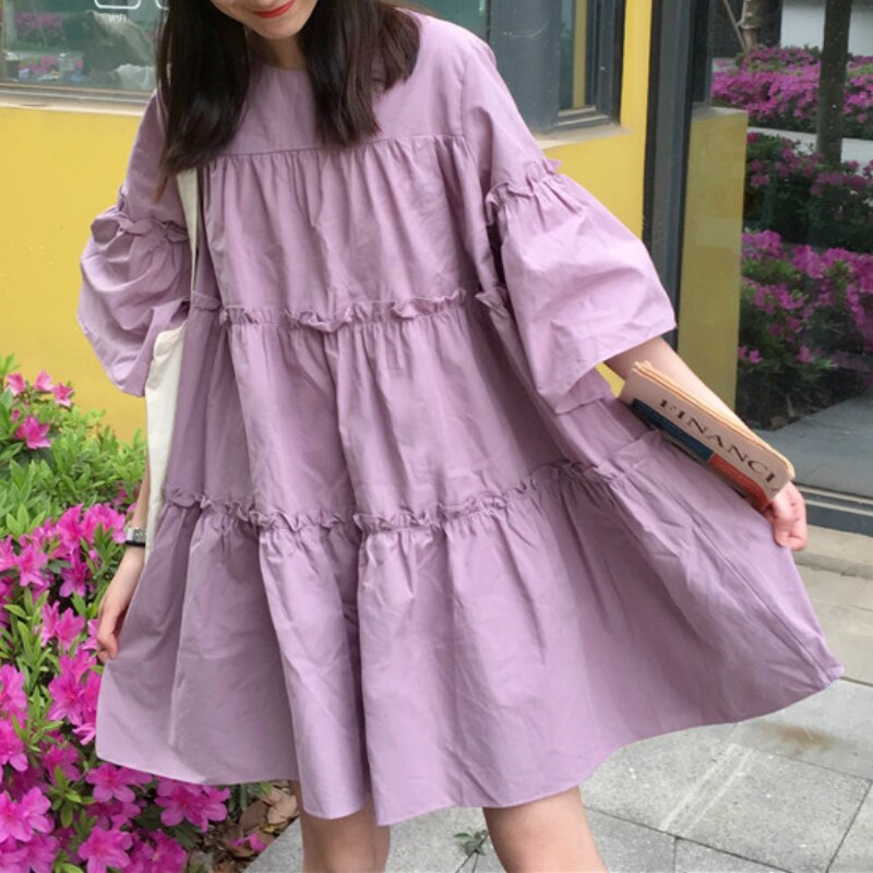 Short Sleeve Dress Women Pleated Solid Simple Summer Fashion Womens Dresses Loose Ins Sweet Korean Style Students Vestidoes Chic