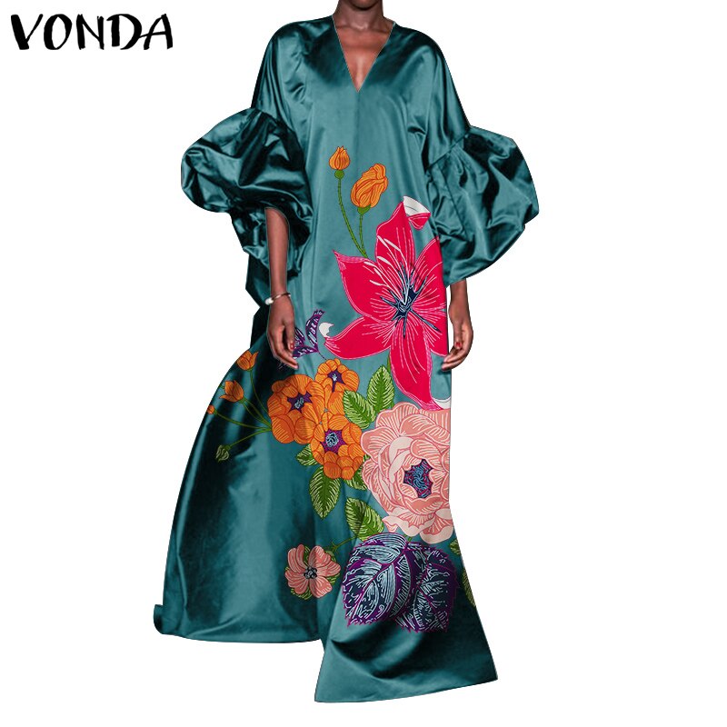 VONDA Women Autumn Satin Dress 3/4 Sleeve Floral Printed Maxi Dresses Loose Lantern Sleeve Bohemian Vestidos Oversized Sundress