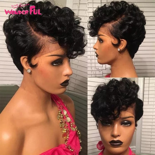 Wonderful Short Cute Pixie Lace Wigs Loose Curly Hair Peruvian Remy Lace Part Human Hair Wig For Women Black Brown Free Shipping