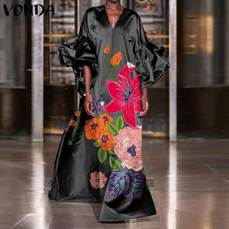 VONDA Women Autumn Satin Dress 3/4 Sleeve Floral Printed Maxi Dresses Loose Lantern Sleeve Bohemian Vestidos Oversized Sundress