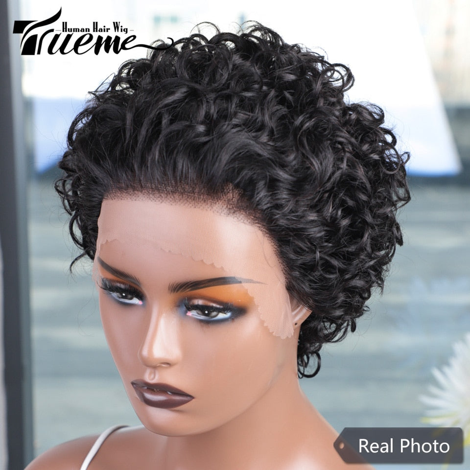 Pixie Cut Lace Wig Short Bob Curly Human Hair Wigs 13X1 Colored Brazilian Deep Curly Wave Transparent Lace Front Wig For Women