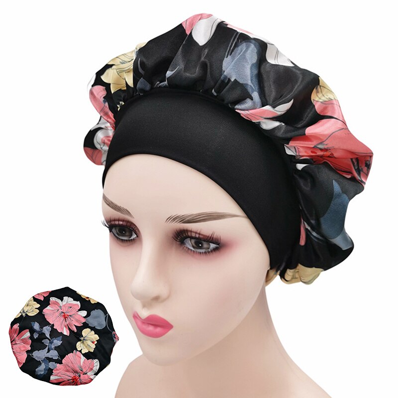 Printing Satin Bonnet For Women Elastic Wide Band Night Sleep Satin Hat Chemo Caps Hair Loss Cover Fashion Head Wrap Hair Care