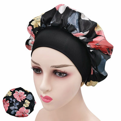 Printing Satin Bonnet For Women Elastic Wide Band Night Sleep Satin Hat Chemo Caps Hair Loss Cover Fashion Head Wrap Hair Care