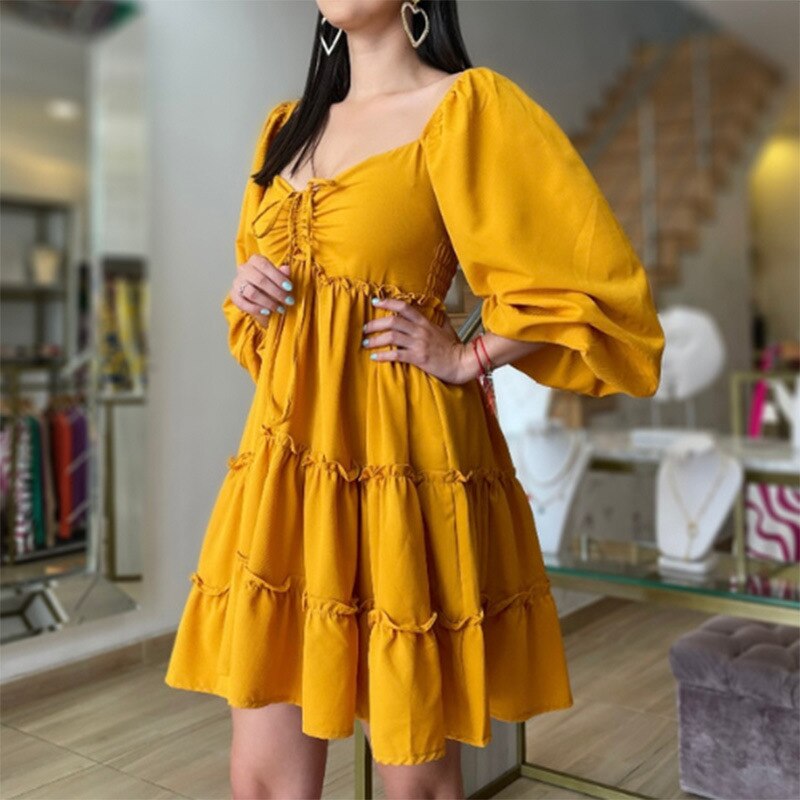 New summer women's dress French retro square neck solid color lantern sleeve high waist cake dress