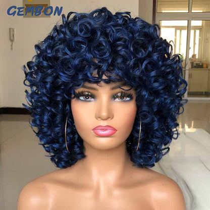 Short Hair Afro Curly Wig Natural Blonde Wigs with Bangs Cosplay Lolita Synthetic Wigs for Women Heat Resistant Fiber Highlight