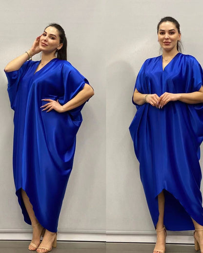 Summer Deep V Neck Kaftan Women Casual Irregular Hem Solid Color Dresses 2022 Fashion European and American Style Loose Dress