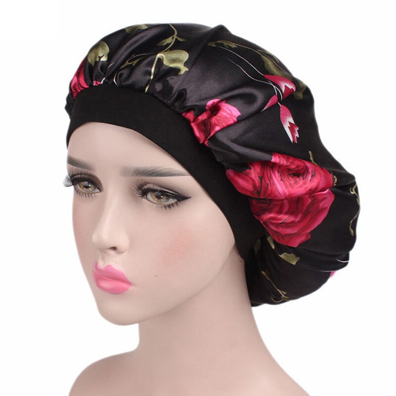 Printing Satin Bonnet For Women Elastic Wide Band Night Sleep Satin Hat Chemo Caps Hair Loss Cover Fashion Head Wrap Hair Care