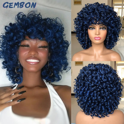 Short Hair Afro Curly Wig Natural Blonde Wigs with Bangs Cosplay Lolita Synthetic Wigs for Women Heat Resistant Fiber Highlight