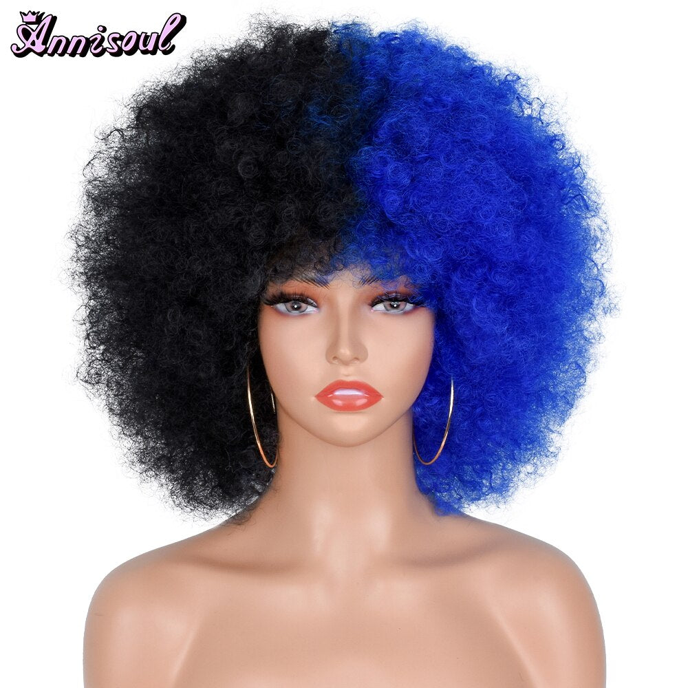 Short Synthetic Afro Wigs For Black Women African Black Pink Fluffy Soft Cosplay Natural Hair Afro Kinky Curly Wig With Bangs