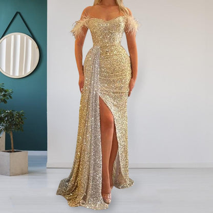 Popular Sexy Dress Waist Tight Slim Fit Backless Long Evening Gowns Female Golden Sequins Maxi Dress