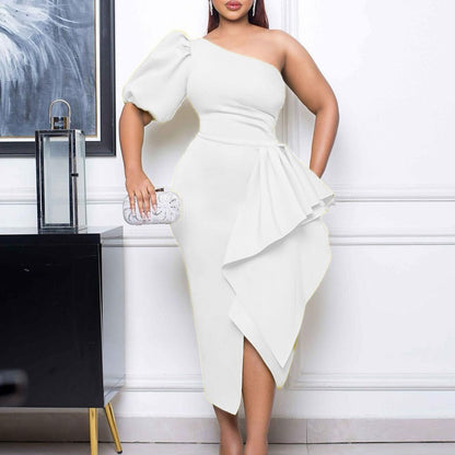 Ruffle Maxi Dress Women One Shoulder Bodycon Dress Half Sleeve Solid Asymmetry Party Club Dress