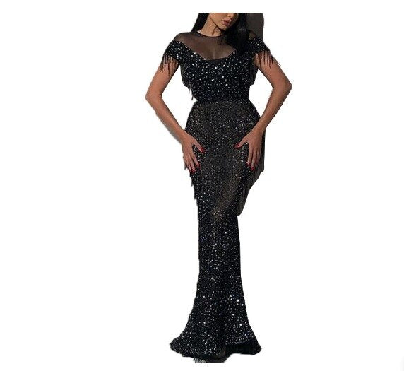 Women Party Formal Dress Sexy Tassel Sequins Lace Mesh See-through Stitching Dress Women's O-Neck Short Sleeve High Waist Dress