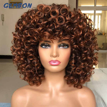 Short Hair Afro Curly Wig Natural Blonde Wigs with Bangs Cosplay Lolita Synthetic Wigs for Women Heat Resistant Fiber Highlight