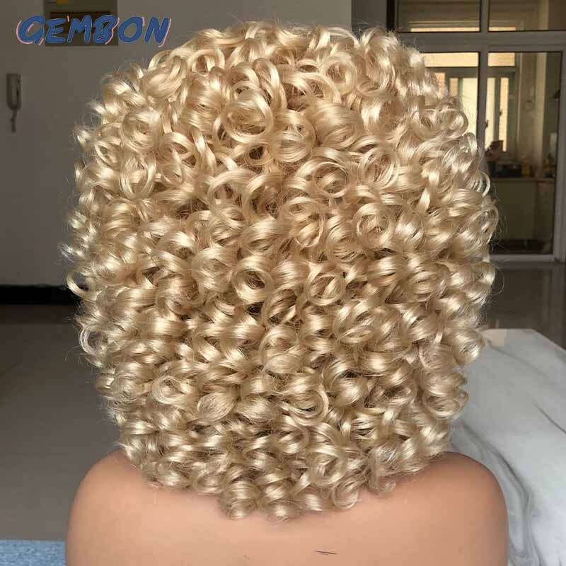 Short Hair Afro Curly Wig Natural Blonde Wigs with Bangs Cosplay Lolita Synthetic Wigs for Women Heat Resistant Fiber Highlight