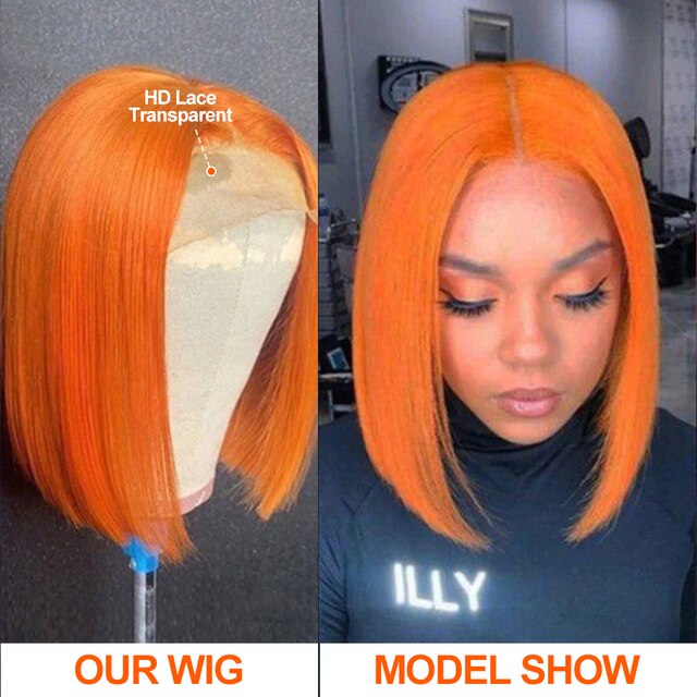 Sleek Blond 27 Hair Wig Ombre Orange Lace Front Short Bob Wigs Remy Human Hair 220% Density For Black Women