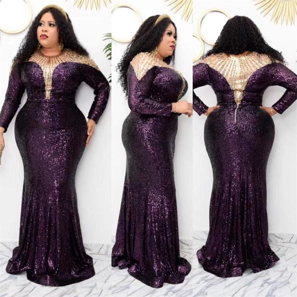 Plus Size Evening Dresses Bling Sequins Pearls Luxury African Girl Long Sleeves Mermaid Party Prom Dress Robe De Mariée In Stock