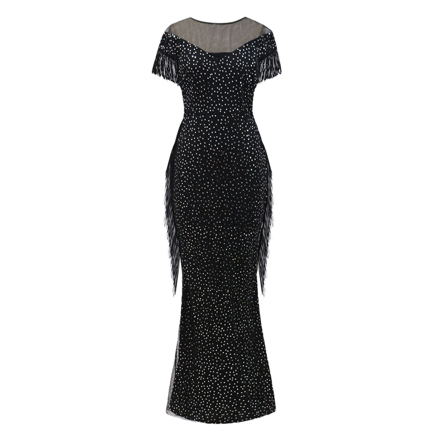 Sequin Tassels Sexy Slim Dress Ladies Mesh Short Sleeve Raglan Sleeve Elegant Evening Maxi Dress Night Party Gown