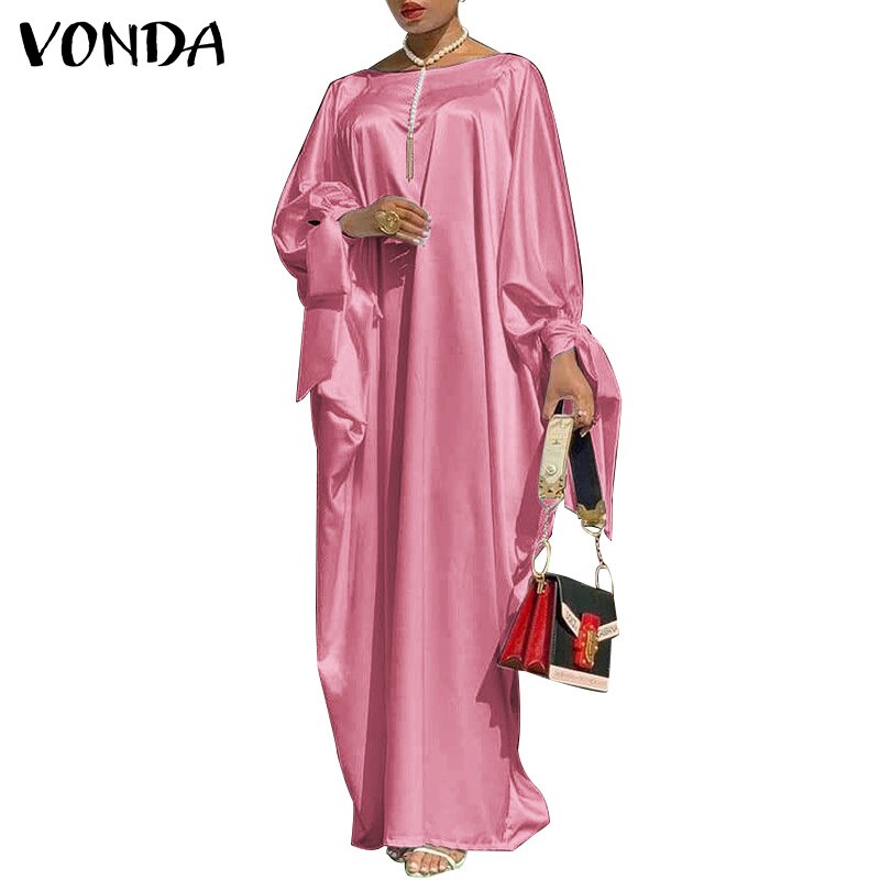 VONDA Women Elegant Dress 2023 Long Sleeve Bohemian Holiday Sundress Satin Solid Dresses Casual Beach Vestidos Robe Femme