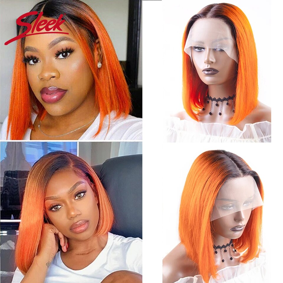 Sleek Blond 27 Hair Wig Ombre Orange Lace Front Short Bob Wigs Remy Human Hair 220% Density For Black Women