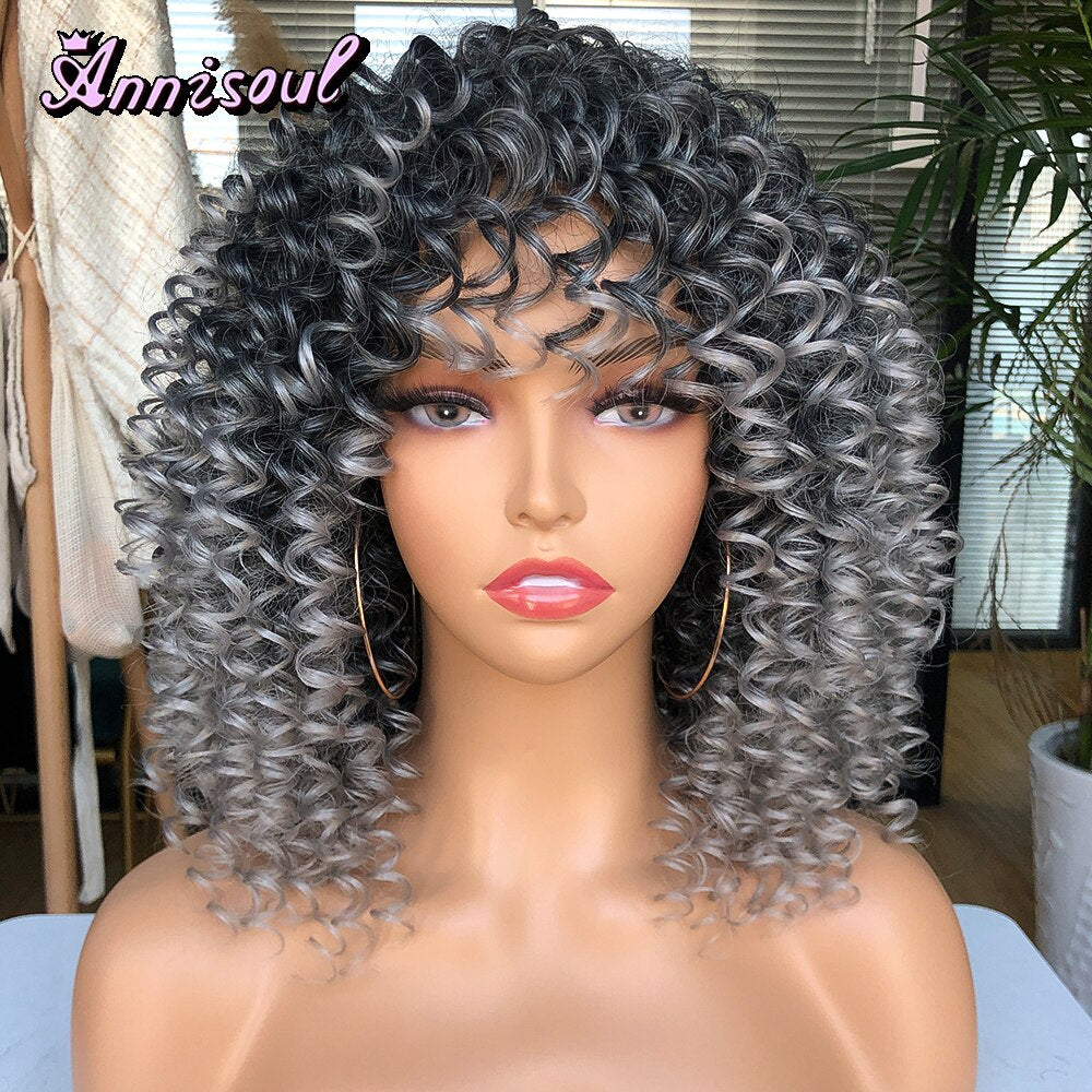 Short Hair Curly Wigs with Bangs for Black Women Synthetic Ombre Glueless Natural Curly Bob Wig High Temperature