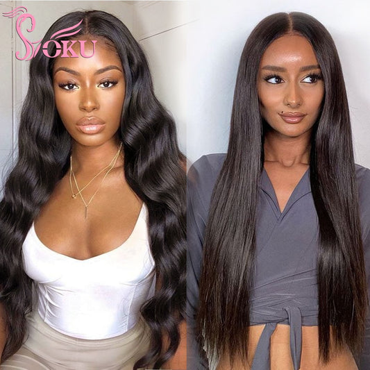 Synthetic Lace Front Wig For Black Women 32 Inches Super Long Body Wave Straight Hair Soku Middle Part Lace Wig With Baby Hair