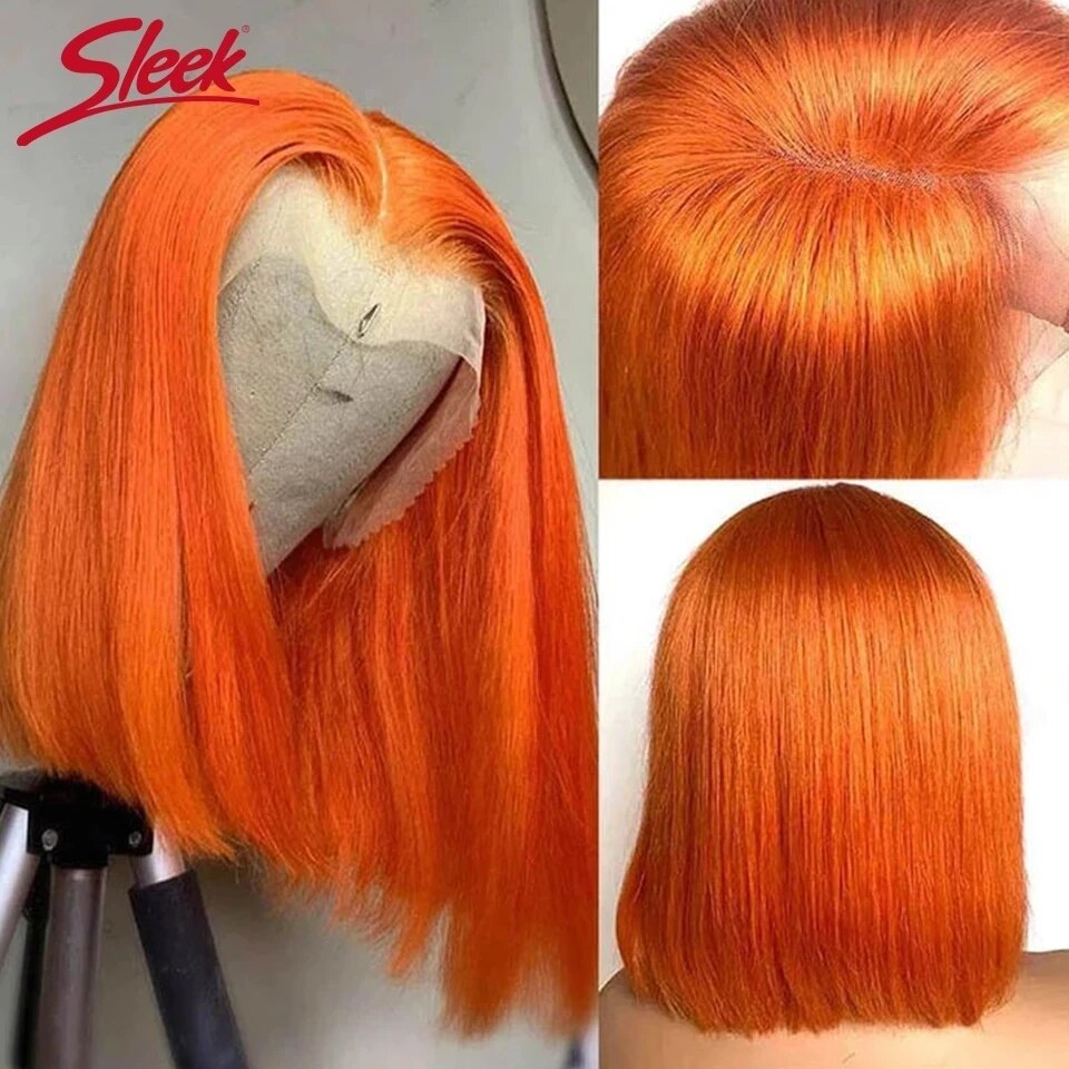 Sleek Blond 27 Hair Wig Ombre Orange Lace Front Short Bob Wigs Remy Human Hair 220% Density For Black Women