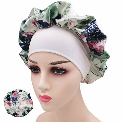 Printing Satin Bonnet For Women Elastic Wide Band Night Sleep Satin Hat Chemo Caps Hair Loss Cover Fashion Head Wrap Hair Care