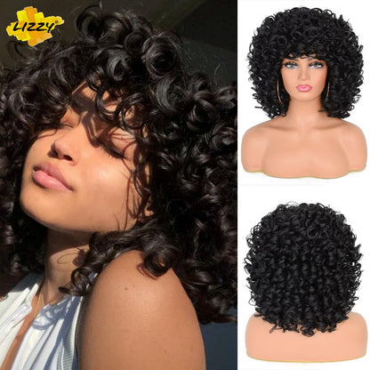 Lizzyhair Red Brown Copper Short Curly Synthetic Wigs for Black Women African Cosplay Natural Afro Wig with Bangs Heat Resistant