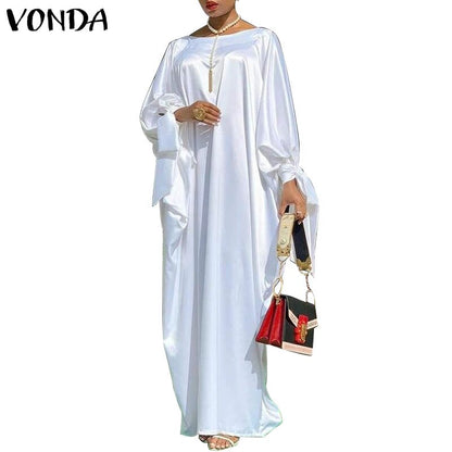 VONDA Women Elegant Dress 2023 Long Sleeve Bohemian Holiday Sundress Satin Solid Dresses Casual Beach Vestidos Robe Femme