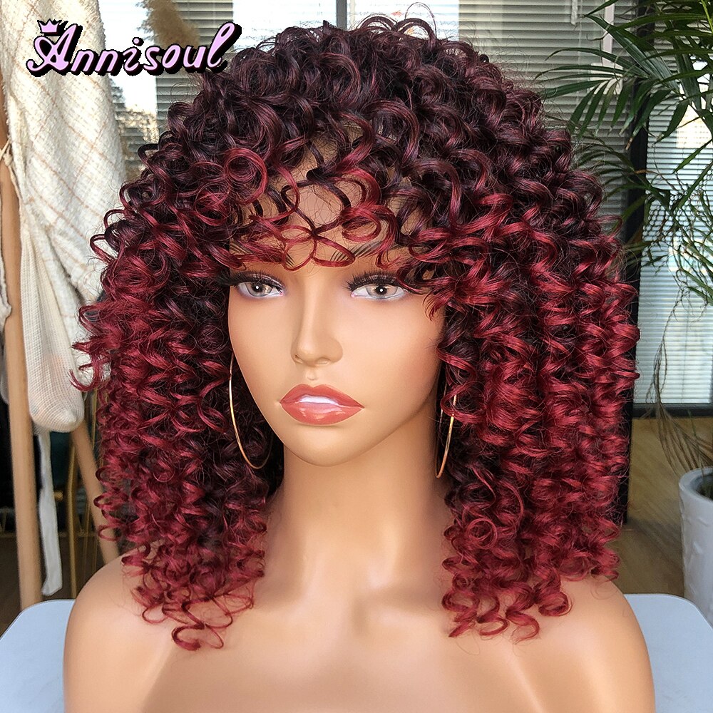 Short Hair Curly Wigs with Bangs for Black Women Synthetic Ombre Glueless Natural Curly Bob Wig High Temperature