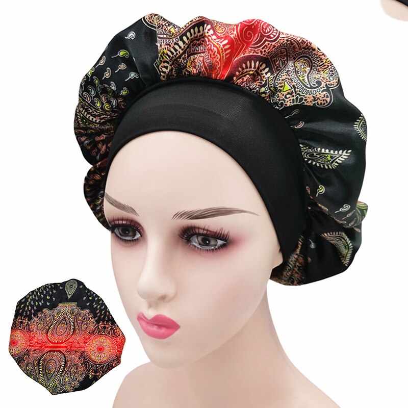 Printing Satin Bonnet For Women Elastic Wide Band Night Sleep Satin Hat Chemo Caps Hair Loss Cover Fashion Head Wrap Hair Care