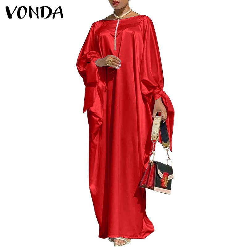 VONDA Women Elegant Dress 2023 Long Sleeve Bohemian Holiday Sundress Satin Solid Dresses Casual Beach Vestidos Robe Femme