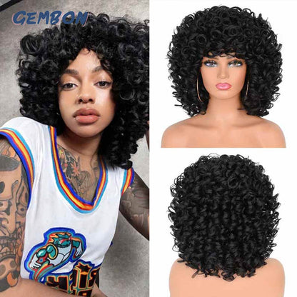 Short Hair Afro Curly Wig Natural Blonde Wigs with Bangs Cosplay Lolita Synthetic Wigs for Women Heat Resistant Fiber Highlight