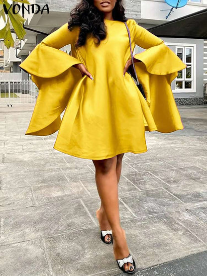 VONDA Elegant Party Dress 2023 Summer Women Solid Long Flare Sleeve Ruffled Mini Satin Robe Female Casual Loose Silk Sundress