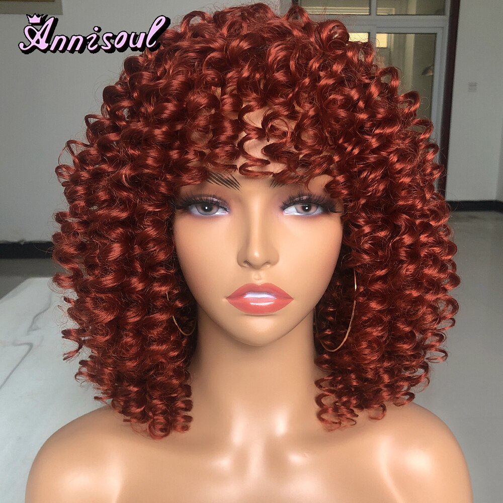 Short Hair Curly Wigs with Bangs for Black Women Synthetic Ombre Glueless Natural Curly Bob Wig High Temperature