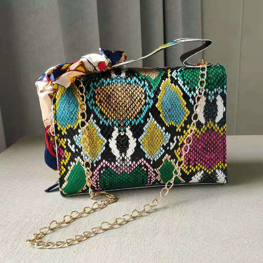 Retro Snake Skin Prints Crossbody Bag For Women 2021New Fashion Serpentine Scarf chain Shoulder Bag Top-Handle Mini Square Bag