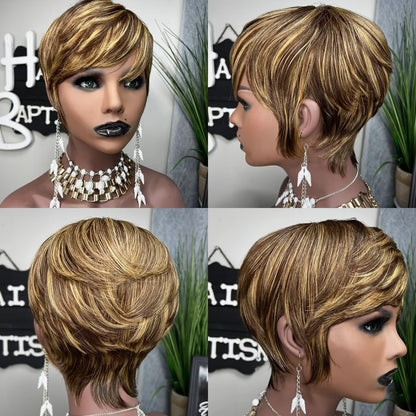 WIGERA  Highlight Synthetic Wigs Short Straight  Pixie Cut Hair Bob Wig Honey Gold Mix Black  Hair For Woman