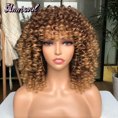 Short Hair Curly Wigs with Bangs for Black Women Synthetic Ombre Glueless Natural Curly Bob Wig High Temperature