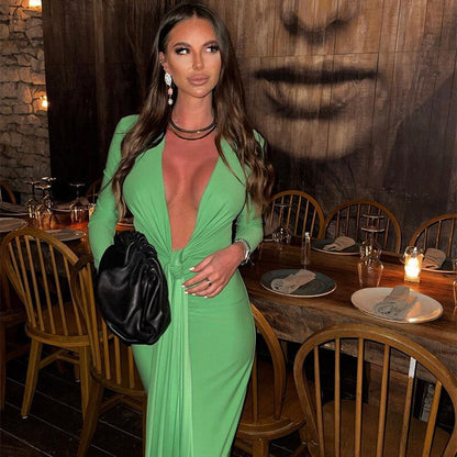 New Fashion Chic And Elegant Lady Dress 2022 Summer Women Solid Outfits With Long Sleeve Tie Slim Evening Party Green Clothing