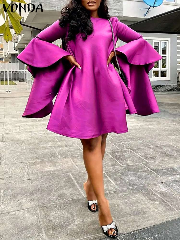 VONDA Elegant Party Dress 2023 Summer Women Long Flare Sleeve Ruffled Mini Robe Solid Color Casual Loose Satin Silk Sundress