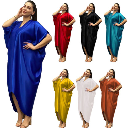 Summer Deep V Neck Kaftan Women Casual Irregular Hem Solid Color Dresses 2022 Fashion European and American Style Loose Dress