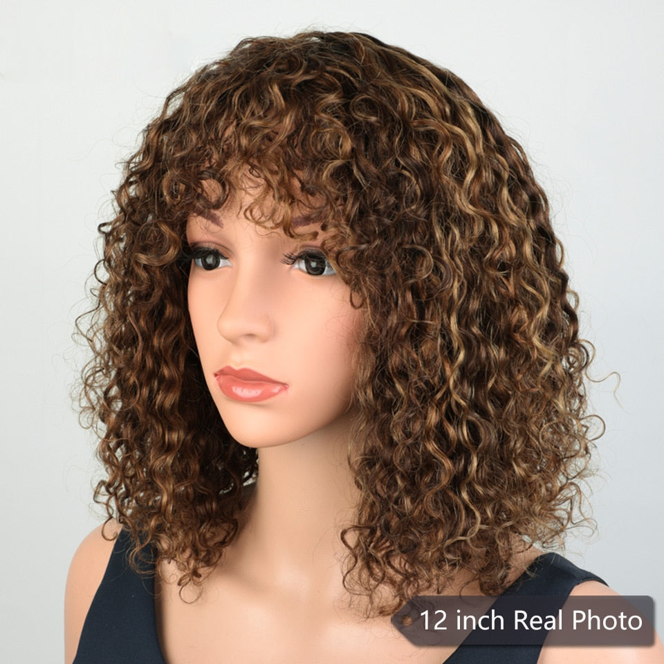 Jerry Curly Human Hair Wigs with Bangs Full Machine Made Wigs Highlight Honey Blonde Ombre Color For Woman Brazilian Remy Hair