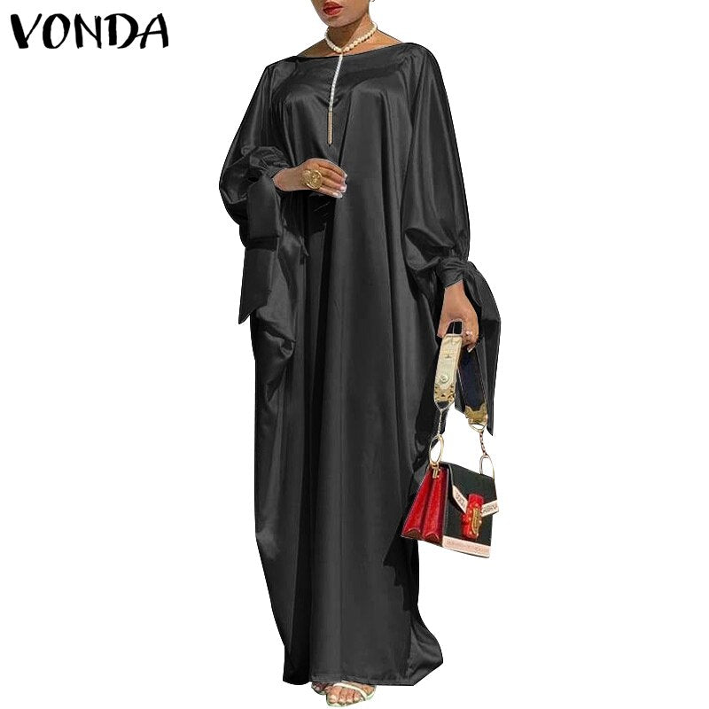 VONDA Women Elegant Dress 2023 Long Sleeve Bohemian Holiday Sundress Satin Solid Dresses Casual Beach Vestidos Robe Femme