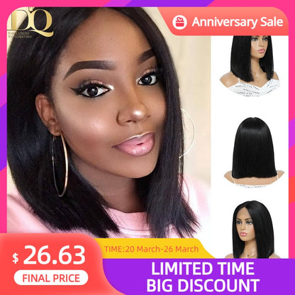 DQ Lace Part Human Hair Wigs Brazilian Straight Lace Wig  Bob Remy Hair Wigs Pre Plucked Hairline 150% Density Double Drawn