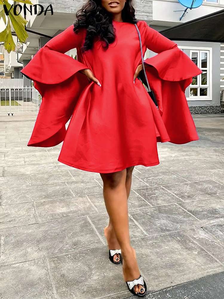 VONDA Elegant Party Dress 2023 Summer Women Long Flare Sleeve Ruffled Mini Robe Solid Color Casual Loose Satin Silk Sundress