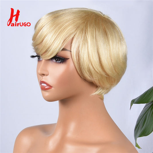 Short Blonde Full Machine Made Wigs For Women Cheap Pixie Cut Human Hair Wigs HairUGo Remy Blonde Pixie Cut Wig