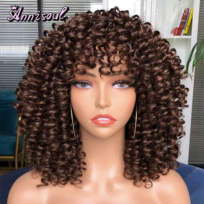 Short Hair Curly Wigs with Bangs for Black Women Synthetic Ombre Glueless Natural Curly Bob Wig High Temperature