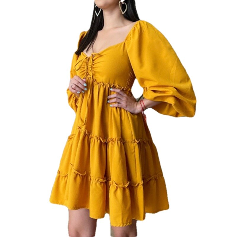 New summer women's dress French retro square neck solid color lantern sleeve high waist cake dress