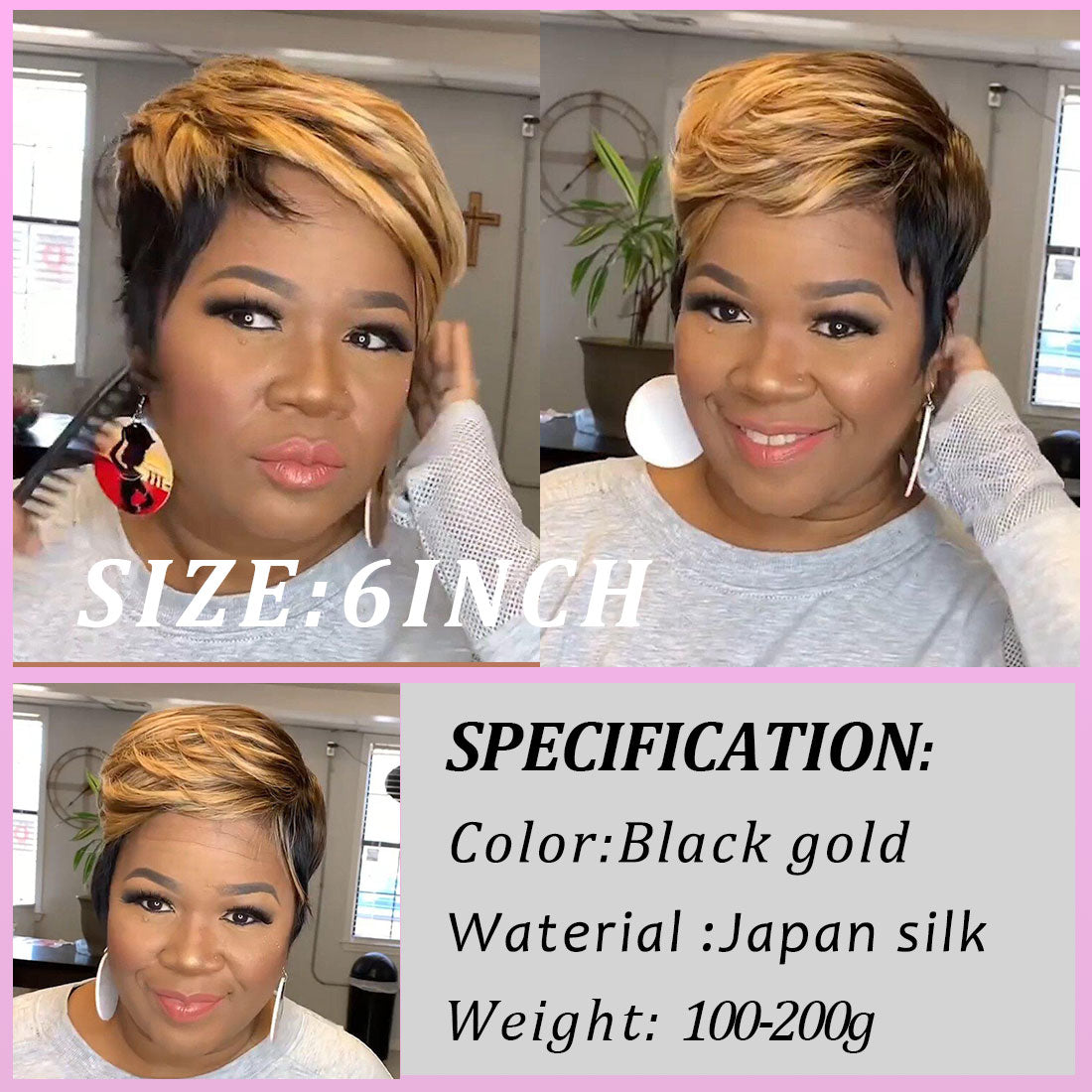 WIGERA  Highlight Synthetic Wigs Short Straight  Pixie Cut Hair Bob Wig Honey Gold Mix Black  Hair For Woman